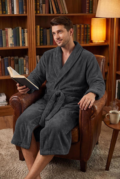 PrinStory Mens Robe Plush Fleece Soft Warm Long Fluffy Bathrobe