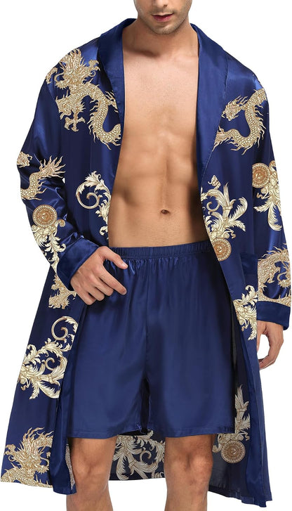 SWOMOG Men's Satin Robe with Shorts Set Silky Kimono Bathrobe Lightweight Soft Sleepwear
