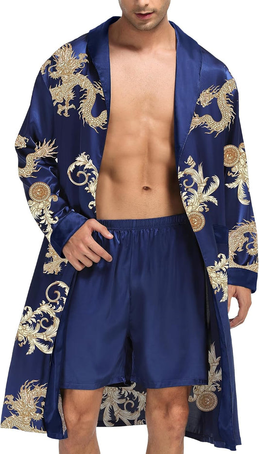 SWOMOG Men's Satin Robe with Shorts Set Silky Kimono Bathrobe Lightweight Soft Sleepwear
