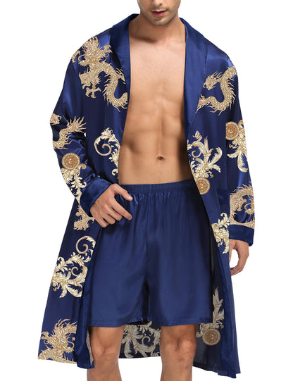 SWOMOG Men's Satin Robe with Shorts Set Silky Kimono Bathrobe Lightweight Soft Sleepwear