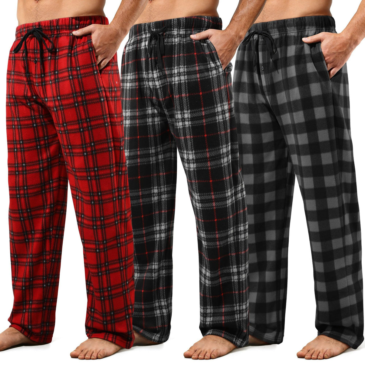 3 Pack Mens Pajama Pants Microfleece Plaid Sleep Lounge PJ Bottoms