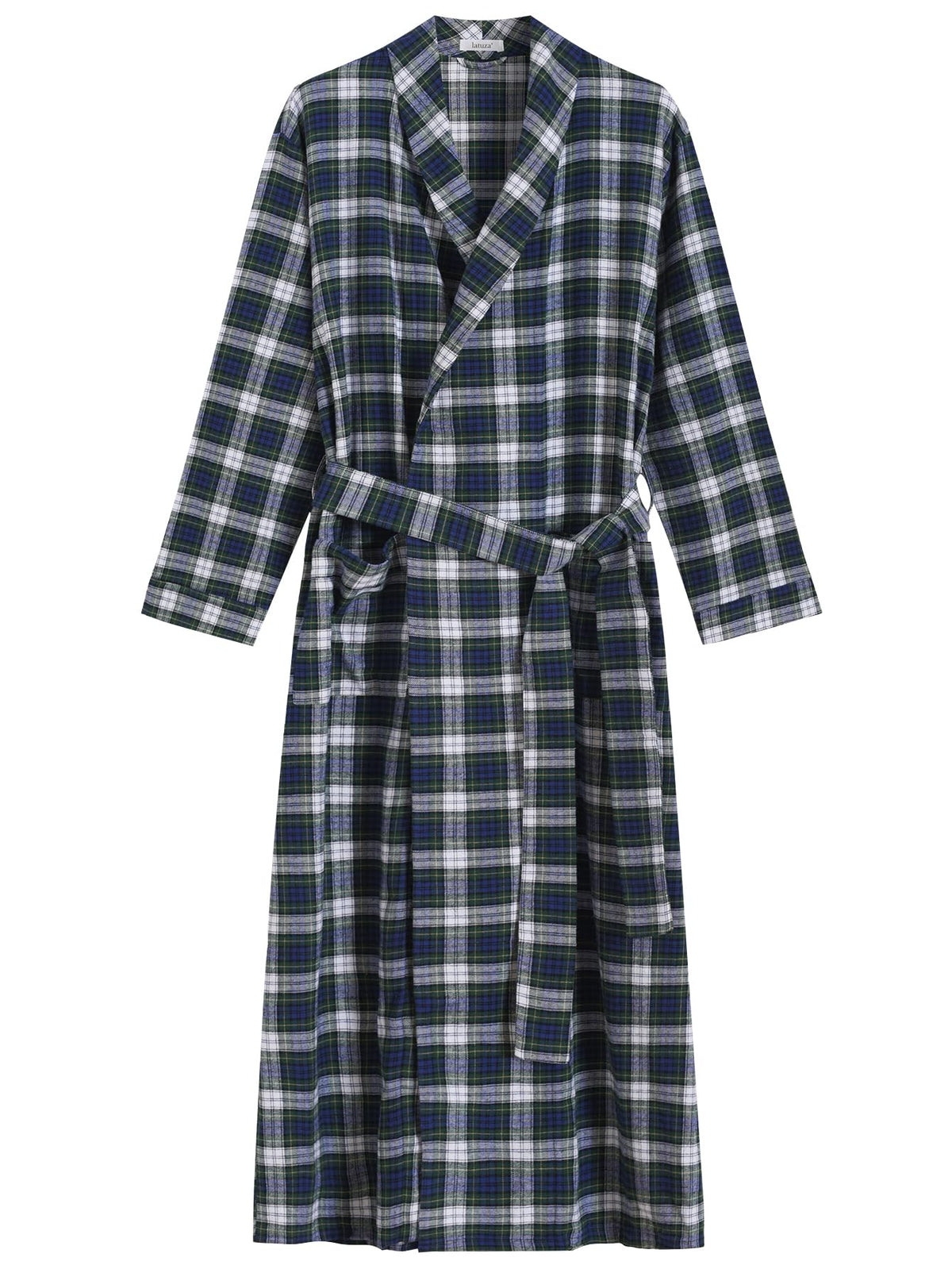 Latuza Men's Cotton Flannel Long Robe Full Length Plaid Bathrobe