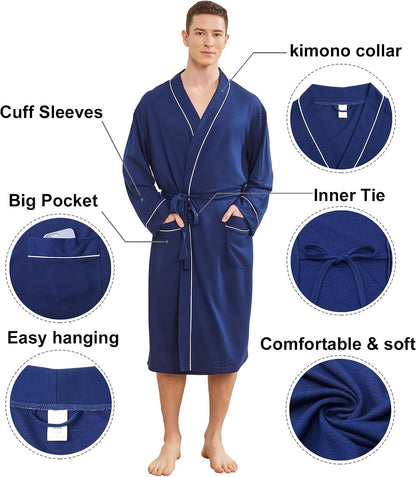 Mens Lightweight Robe, Knit Kimono Bathrobe Spa Sleepwear Soft Knee Length Robe With Pockets