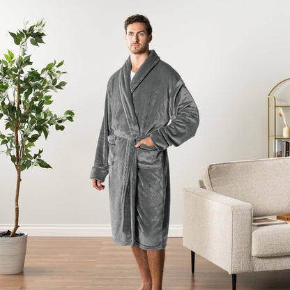 PAVILIA Soft Robe, Plush Warm Bathrobe for Men, Long Spa Bath Robe with Piping