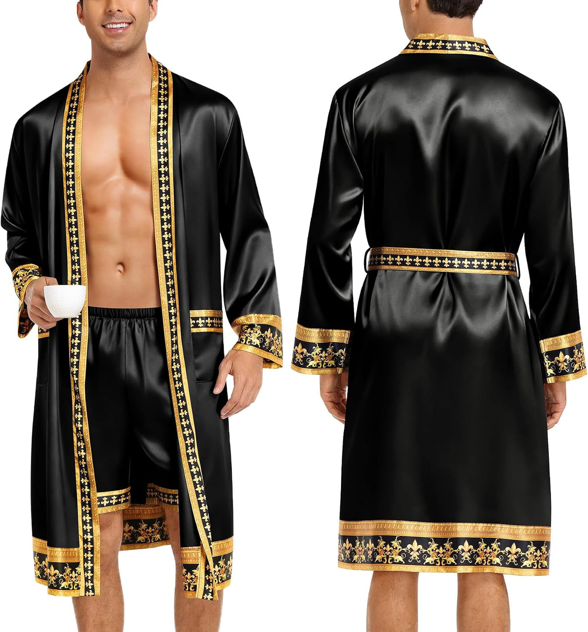 SWOMOG Men's Satin Robe with Shorts Set Silky Kimono Bathrobe Opulent Baroque Robes Lightweight Luxury Sleepwear
