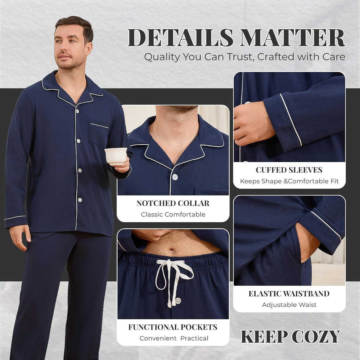 U2SKIIN Men's 100% Cotton Pajama Set, Soft Button Down Sleepwear Lounge Pjs