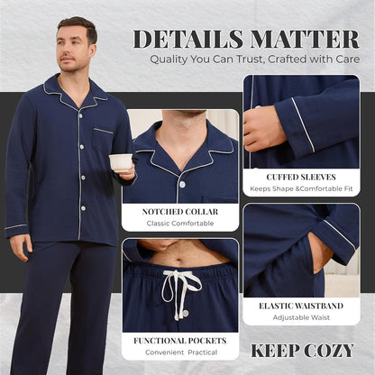 U2SKIIN Men's 100% Cotton Pajama Set, Soft Button Down Sleepwear Lounge Pjs