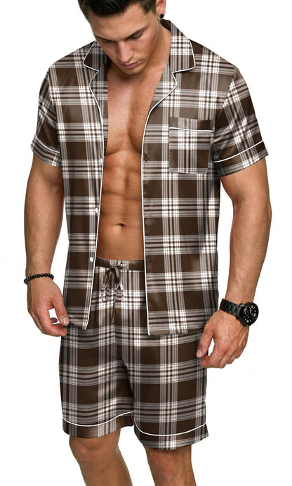 Ekouaer Mens Silk Satin Pajamas Set Short Sleeve Button Up Lounge Pjs Set