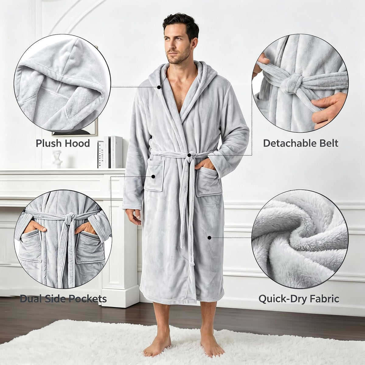 Men's Hooded Plush Fleece Bathrobe, Soft Warm Quick Dry Water Absorbent Spa House Coat Nightgown with Pockets