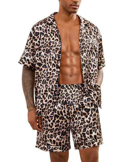 SWOMOG Men Satin Silk Pajamas Sets Short Sleeve Sleepwear Button-Down PJs Sets Two-Pieces Loungewear with Pockets