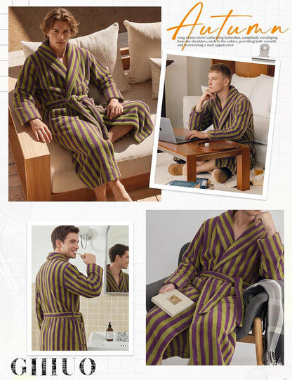 Gihuo Mens Striped Robe Long Fluffy Plush Bathrobe