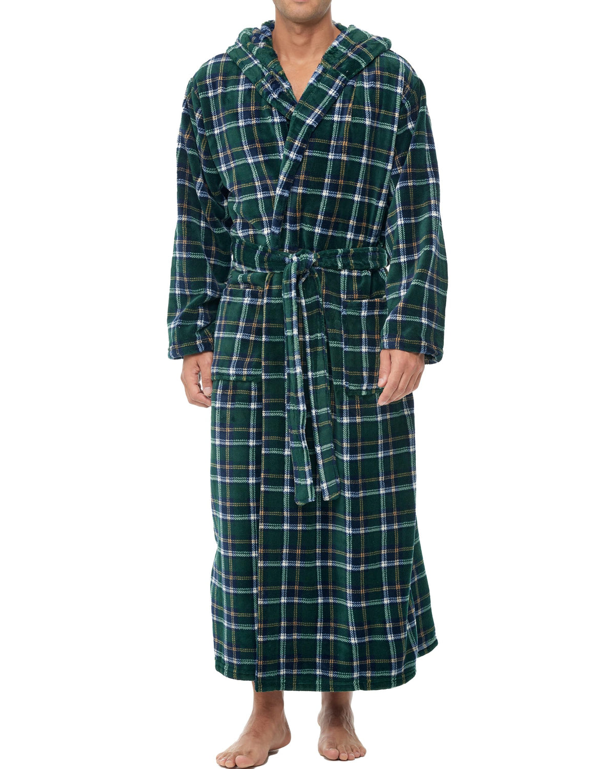 Men's Plush Fleece Hooded Robe with Pockets, Long Bathrobe