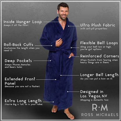 Ross Michaels Mens Robe Big & Tall - Long Plush Shawl Collar Fleece Bathrobe