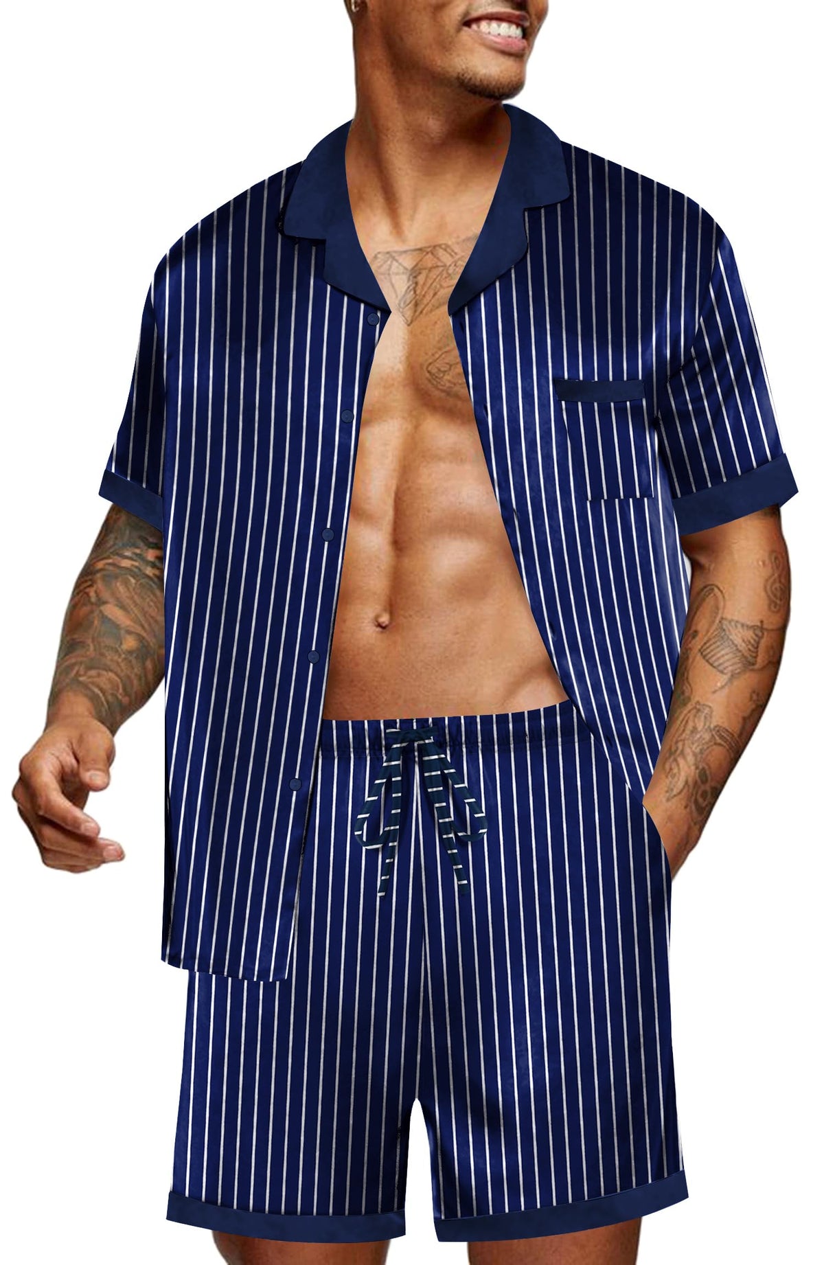 Ekouaer Men Silk Pajamas Set 2 Pieces Satin Pj Button Down Loungewear Sets