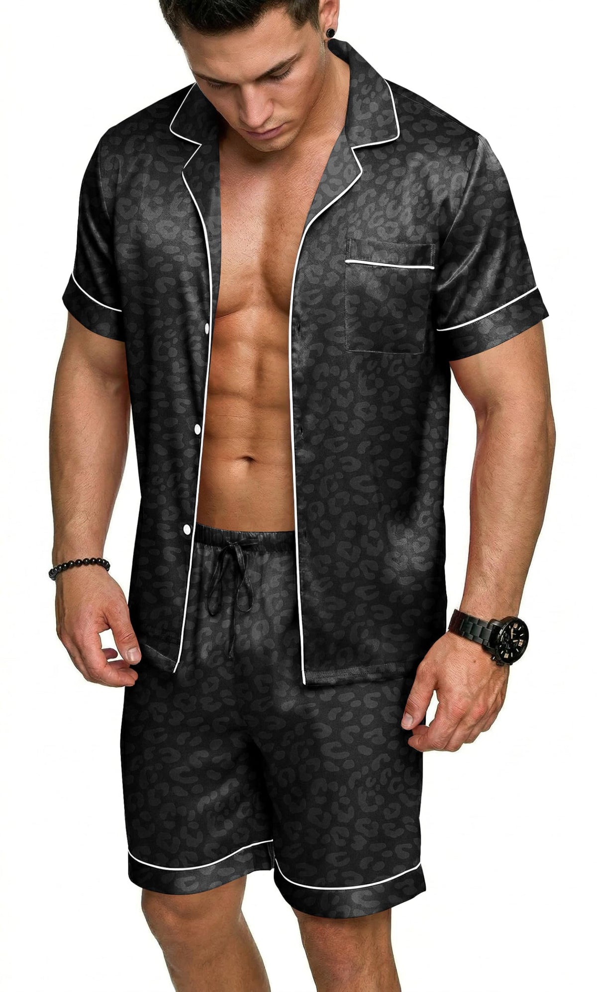 Ekouaer Mens Silk Satin Pajamas Set Short Sleeve Button Up Lounge Pjs Set