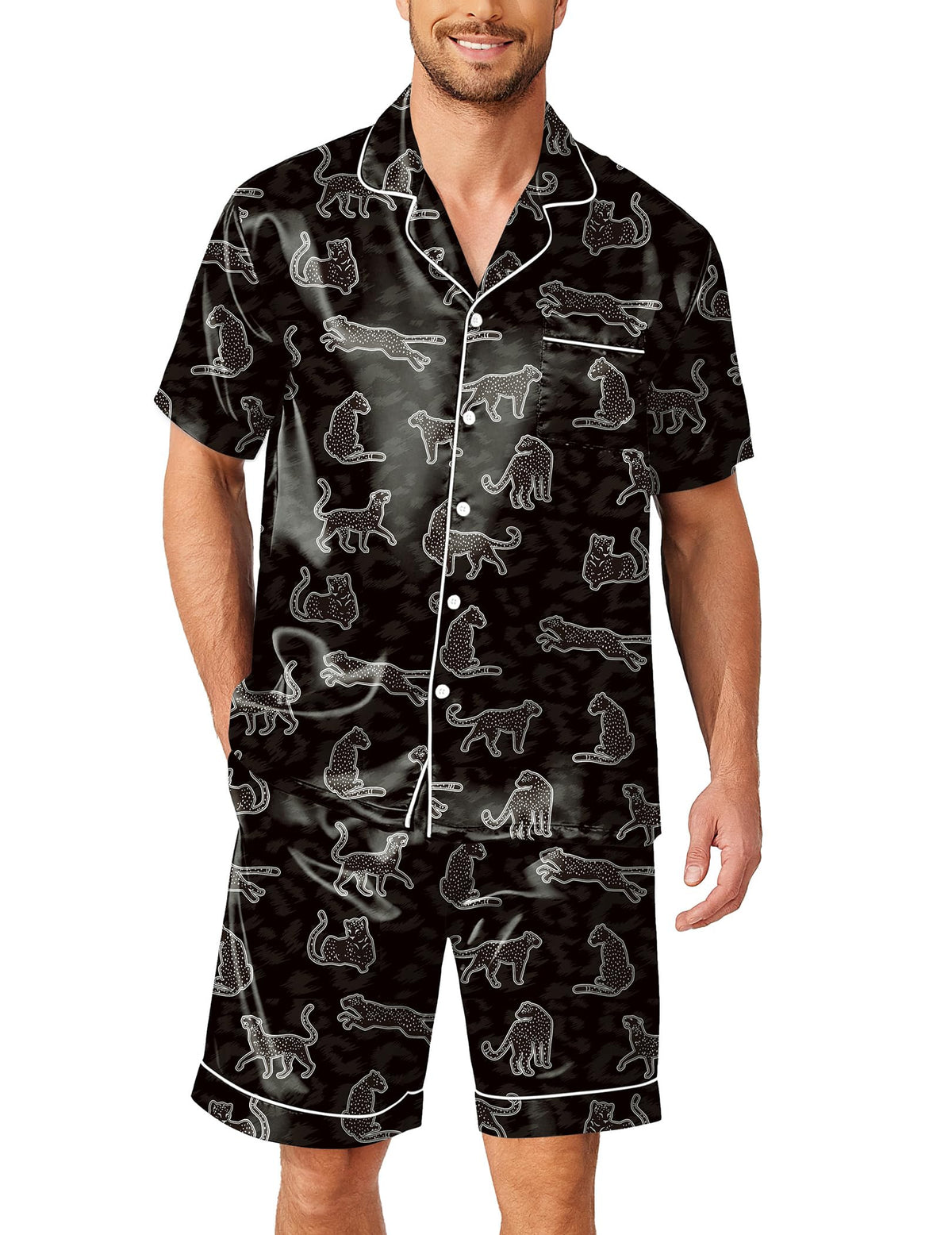 Ekouaer Mens Pajamas Set Silk Satin Pjs Short Sleeve Button Up Lounge Sets