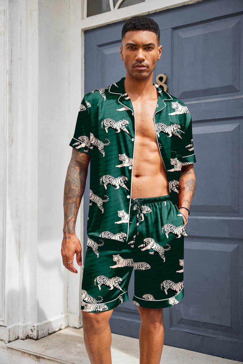 Ekouaer Mens Silk Satin Pajamas Set Short Sleeve Button Up Lounge Pjs Set