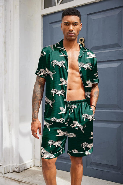Ekouaer Mens Silk Satin Pajamas Set Short Sleeve Button Up Lounge Pjs Set