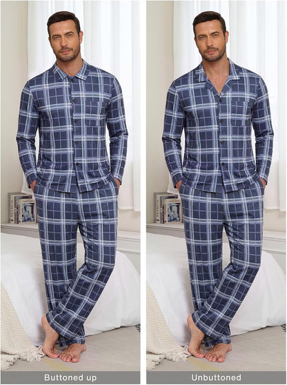 NITAGUT Mens Plaid Pajama Set Long Sleeve Button Down Casual Sleepwear