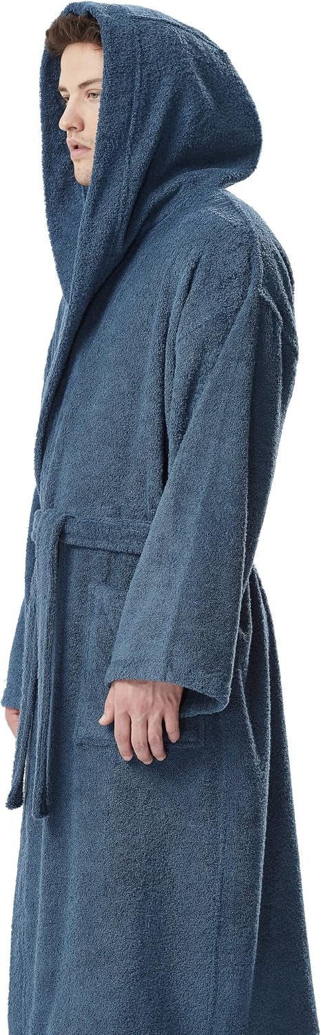 Arus Men's Hooded Classic Bathrobe Turkish Cotton Robe with Full Length Options