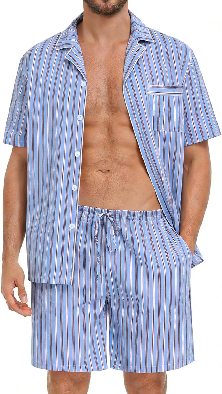 SWOMOG Mens 100% Cotton Pajama Set 2Pcs Button Down Pjs Set Short Sleeve Sleepwear with Pocket Soft Summer Stripe Nightwear