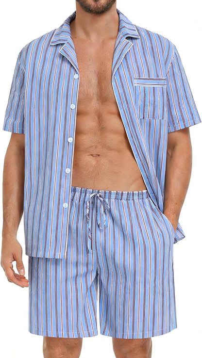 SWOMOG Mens 100% Cotton Pajama Set 2Pcs Button Down Pjs Set Short Sleeve Sleepwear with Pocket Soft Summer Stripe Nightwear