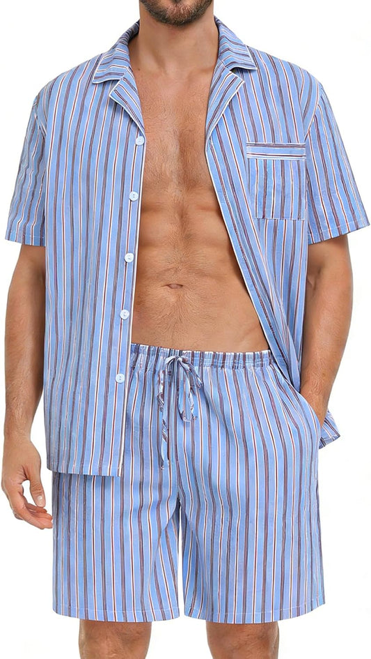 SWOMOG Mens 100% Cotton Pajama Set 2Pcs Button Down Pjs Set Short Sleeve Sleepwear with Pocket Soft Summer Stripe Nightwear