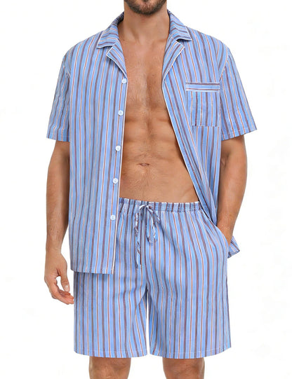 SWOMOG Mens 100% Cotton Pajama Set 2Pcs Button Down Pjs Set Short Sleeve Sleepwear with Pocket Soft Summer Stripe Nightwear