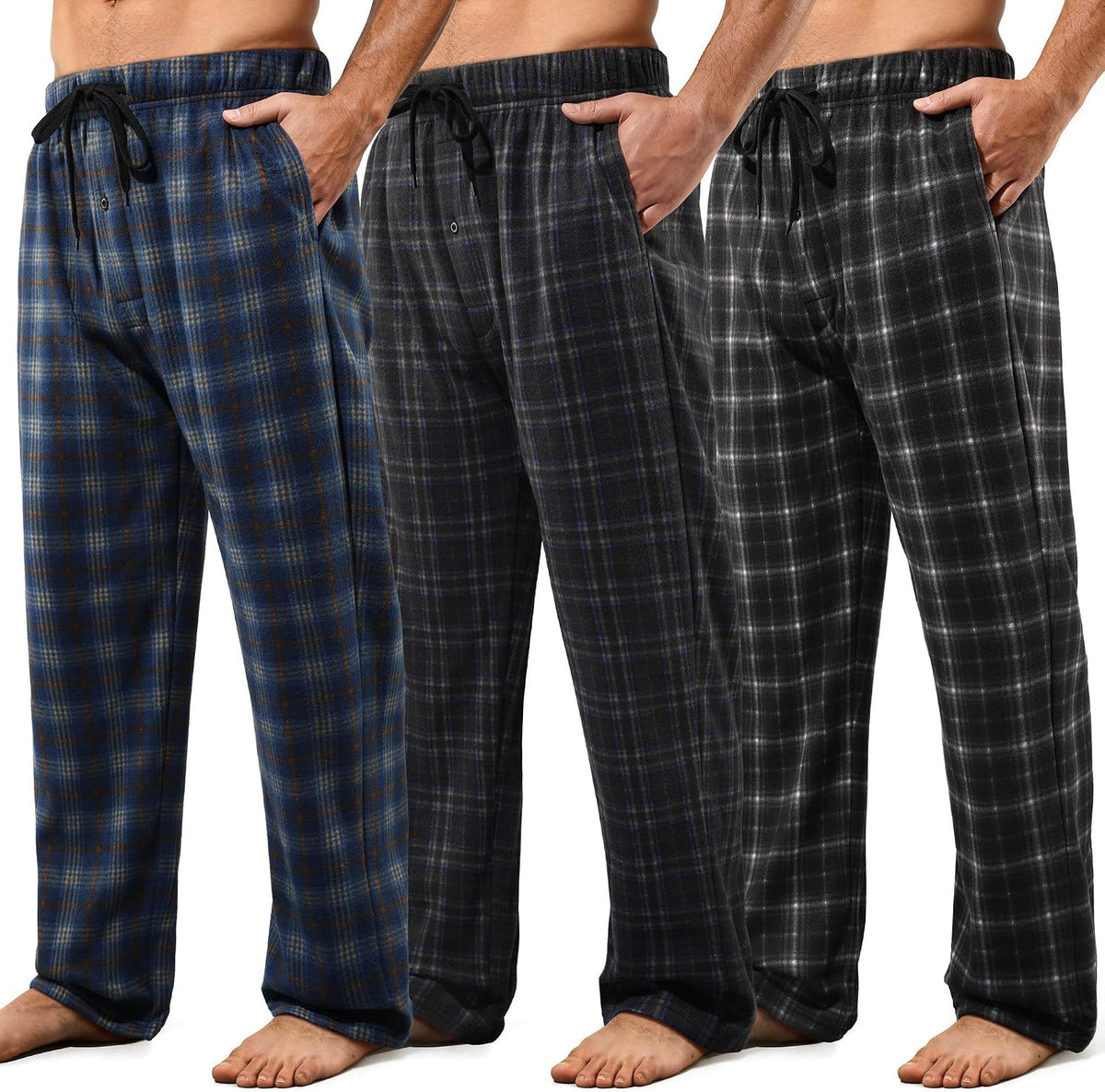 3 Pack Mens Pajama Pants Microfleece Plaid Sleep Lounge PJ Bottoms