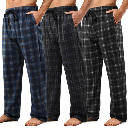 3 Pack Mens Pajama Pants Microfleece Plaid Sleep Lounge PJ Bottoms