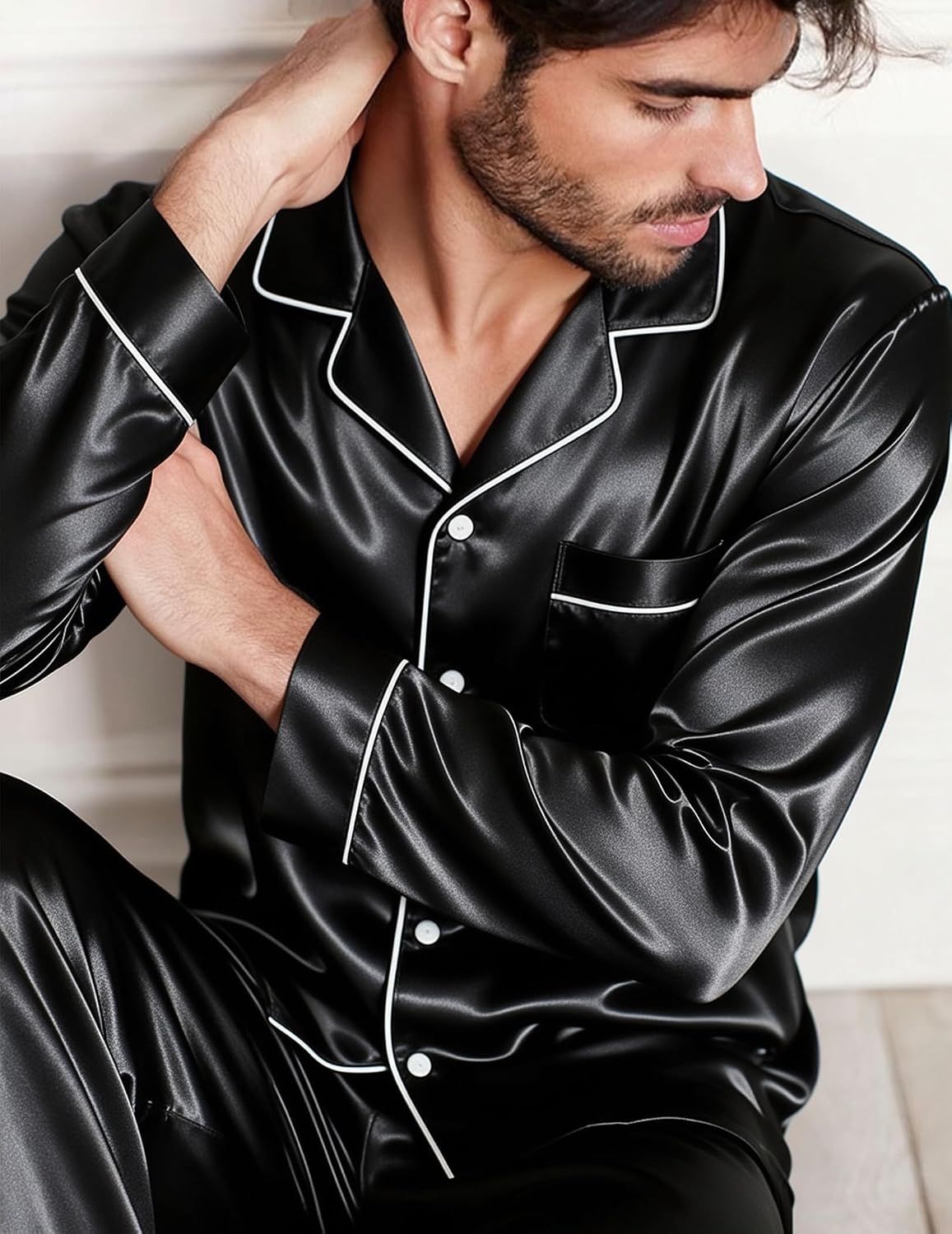 SWOMOG Mens Silk Satin Pajamas Set Long Sleeve Sleepwear Button-Down Pj Two-piece Loungewear with Long Pants S-XXL