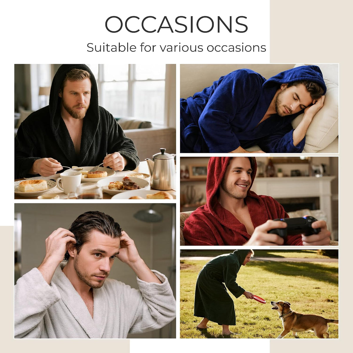 Men's Hooded Robe, Soft Warm Fleece Long Bathrobe with Pockets
