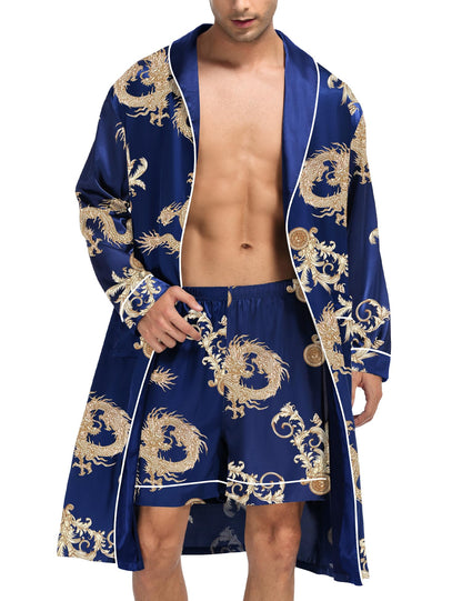 SWOMOG Men's Satin Robe Silky Kimono Bathrobe with Shorts Set Lightweight Soft Loungewear Nightwear