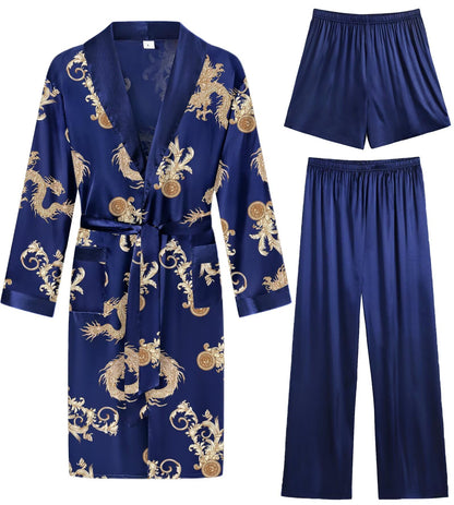 SWOMOG Men's 3 Pcs Robe Silk Satin Kimono Bathrobe with Shorts&Pants Set Lightweight Soft Sleepwear