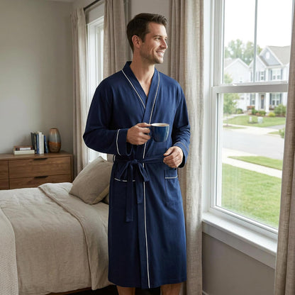 Vulcanodon Mens Organic Cotton Robe, Soft Kimono Bathrobe with Pockets