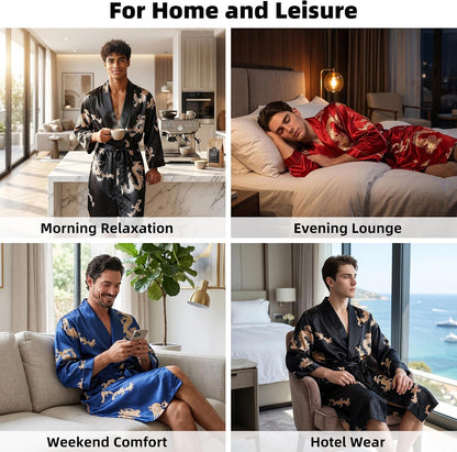 Haseil Men's Satin Robe Dragon Luxurious Silk Spa Long Sleeve House Kimono Bathrobe
