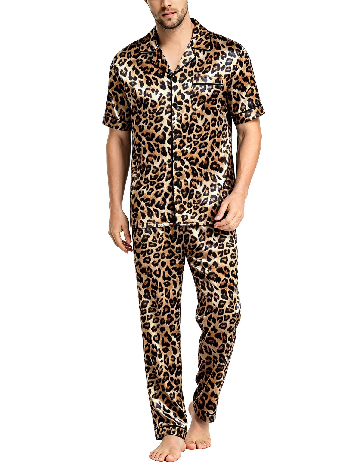 SWOMOG Mens Satin Pajama Set Short Sleeve Classic Sleepwear Button Down Silky Loungewear with Long Pants