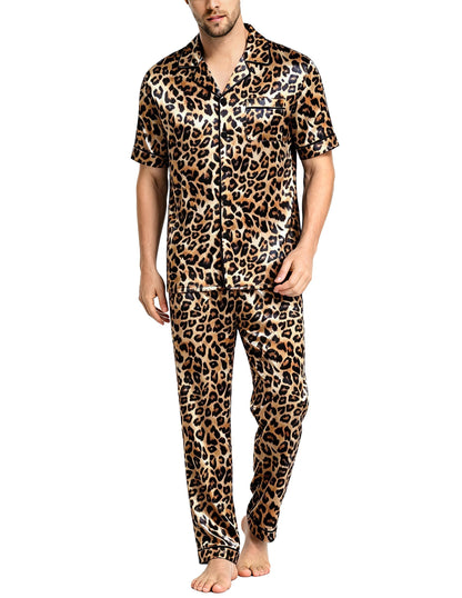 SWOMOG Mens Satin Pajama Set Short Sleeve Classic Sleepwear Button Down Silky Loungewear with Long Pants