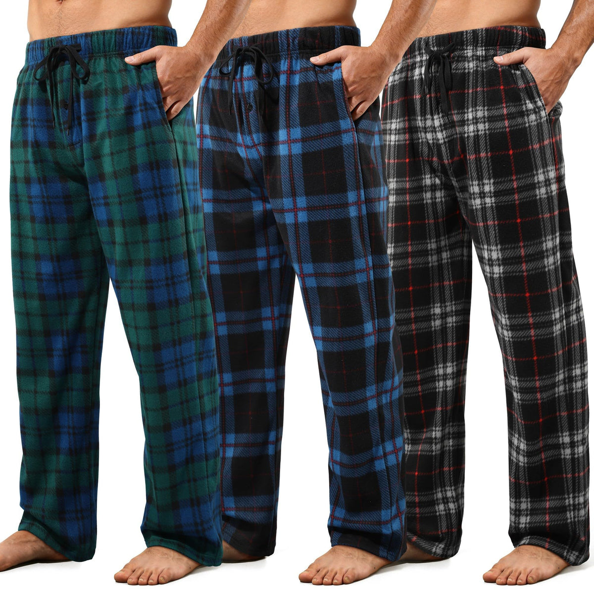 3 Pack Mens Pajama Pants Microfleece Plaid Sleep Lounge PJ Bottoms
