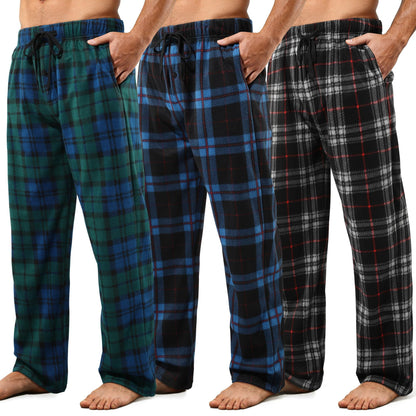 3 Pack Mens Pajama Pants Microfleece Plaid Sleep Lounge PJ Bottoms