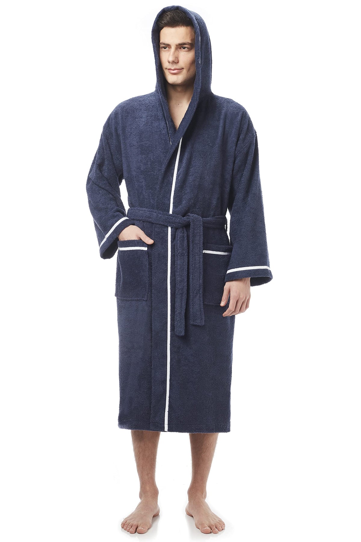 Arus Men's Hooded Classic Bathrobe Turkish Cotton Robe with Full Length Options