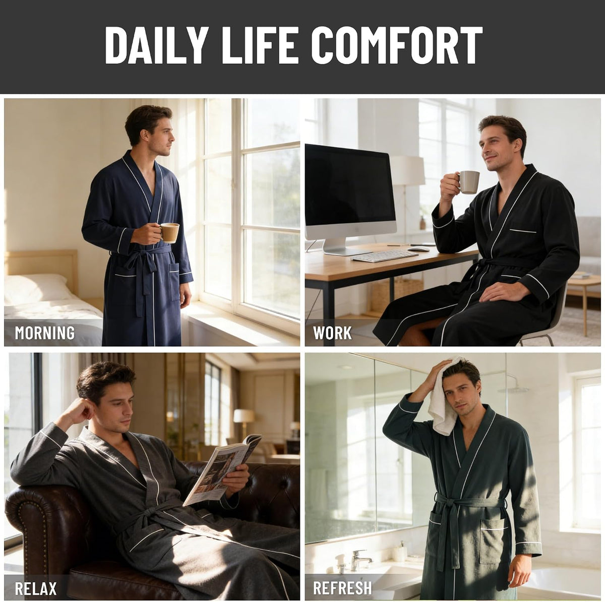 Vulcanodon Mens Organic Cotton Robe, Soft Kimono Bathrobe with Pockets