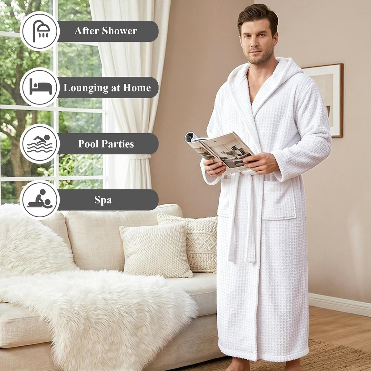 PJGGZ Bathrobes for Men Full Length - Soft Absorbent Long Towel Robes with Hood (Available for Big and Tall)