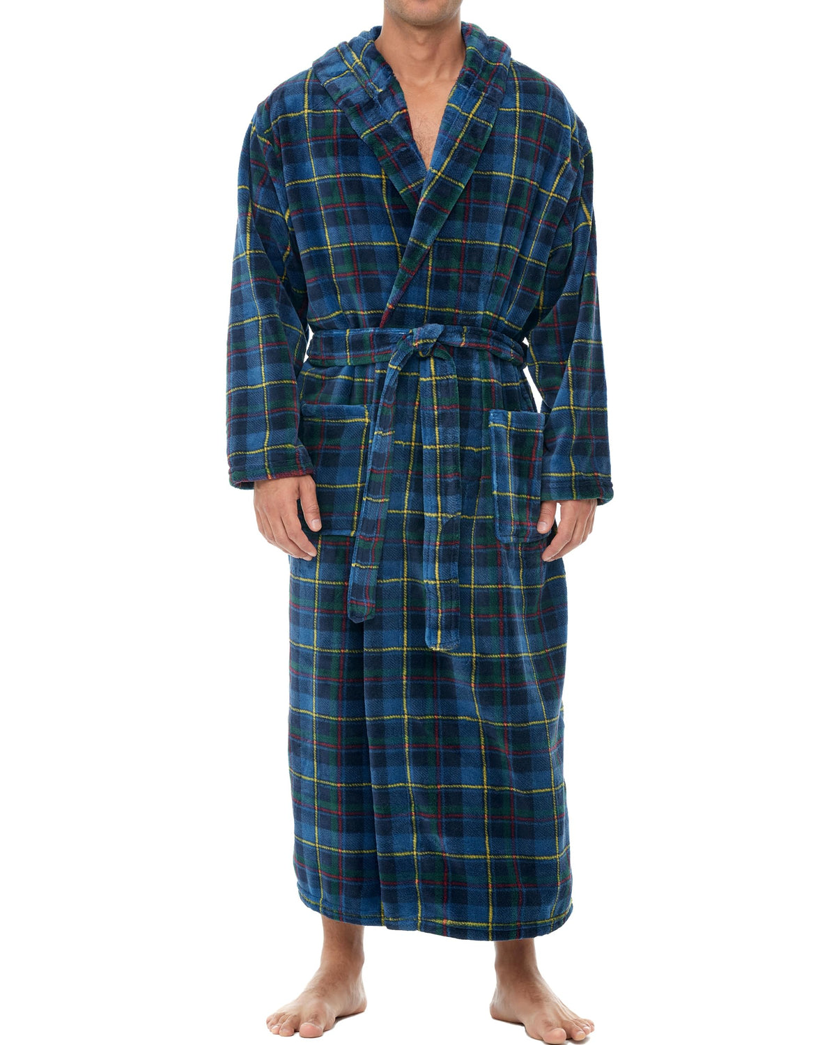Men's Plush Fleece Hooded Robe with Pockets, Long Bathrobe