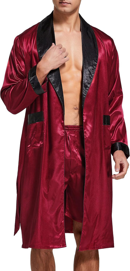 Mens Satin Robe Silk Long Sleeve Bathrobe with Shorts Set Kimono Sleepwear