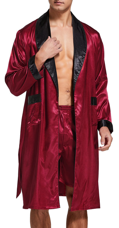 Mens Satin Robe Silk Long Sleeve Bathrobe with Shorts Set Kimono Sleepwear