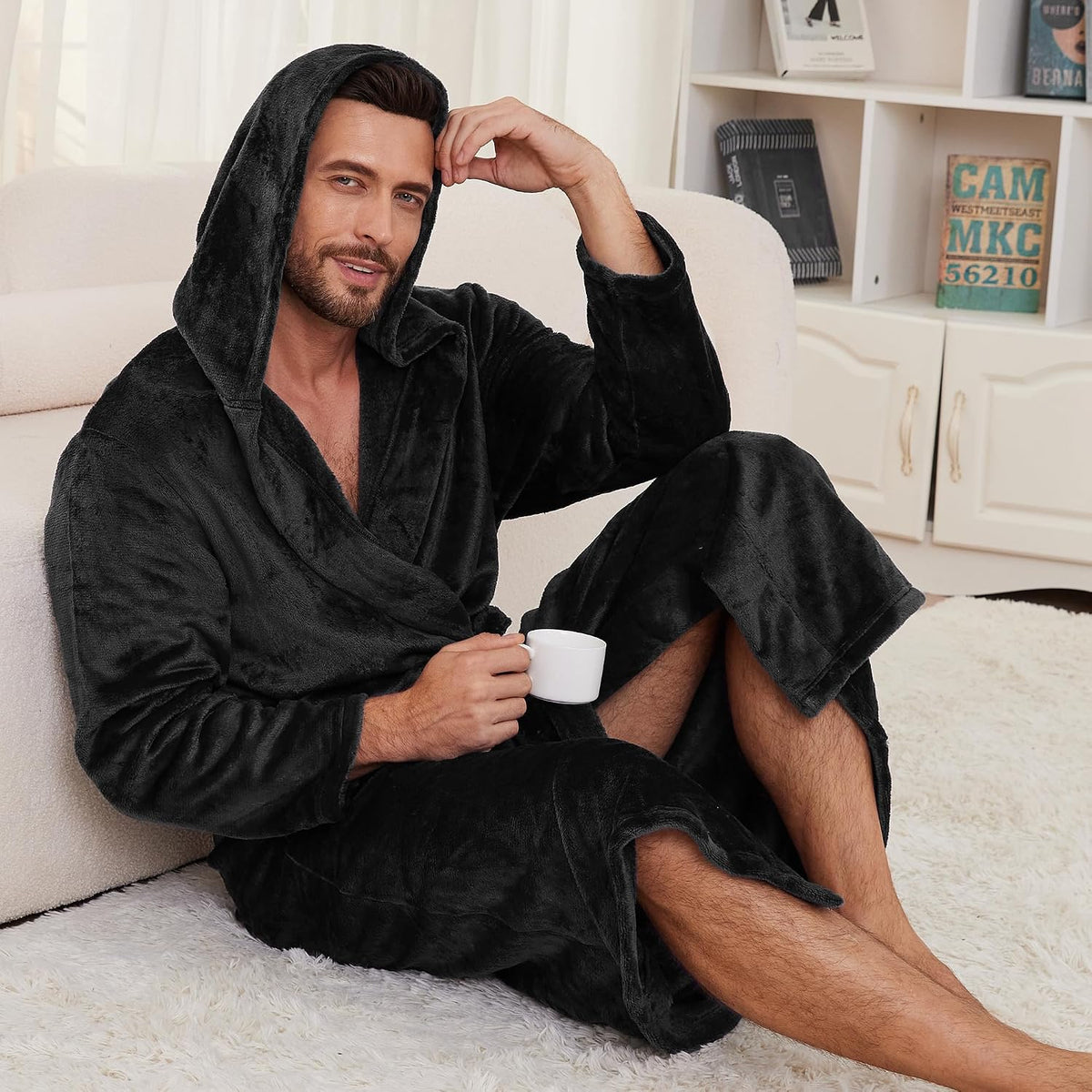 Men's Hooded Robe, Soft Warm Fleece Long Bathrobe with Pockets