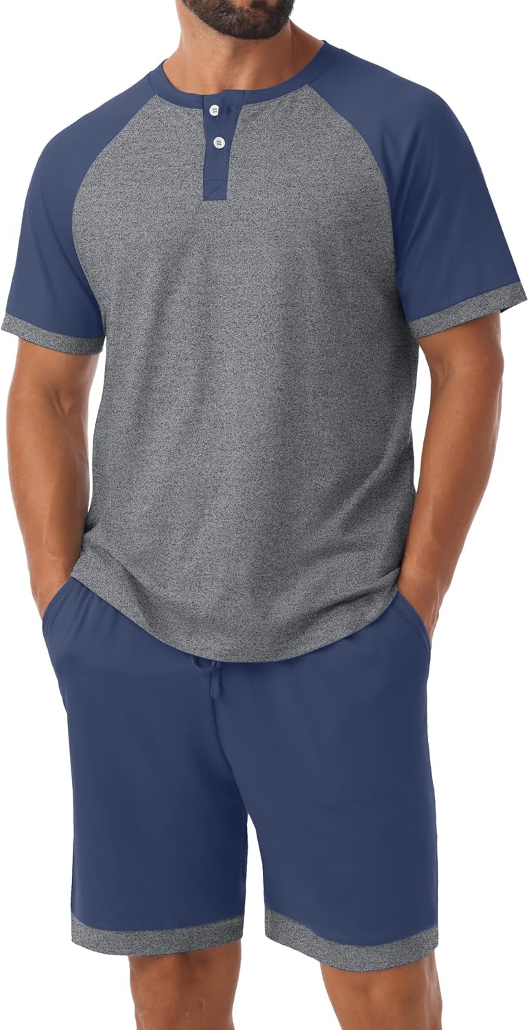 Men's Henley Pajama Sets 2 Piece Lounge Sleepwear Soft Sleep Summer Pjs