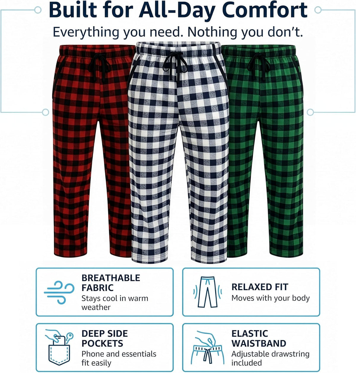 Mens Pajama Pants 3-Pack Ultra-Soft Cotton Sleep & Lounge Bottoms with Pockets Elastic Waist