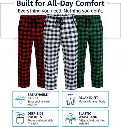 Mens Pajama Pants 3-Pack Ultra-Soft Cotton Sleep & Lounge Bottoms with Pockets Elastic Waist